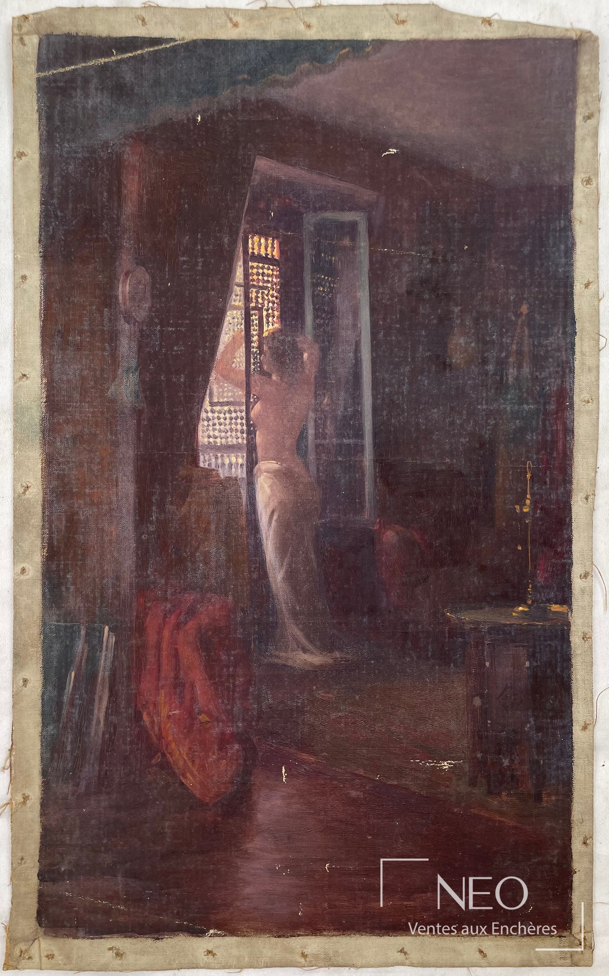 Huile sur toile représentant un nu féminin dans un intérieur sombre