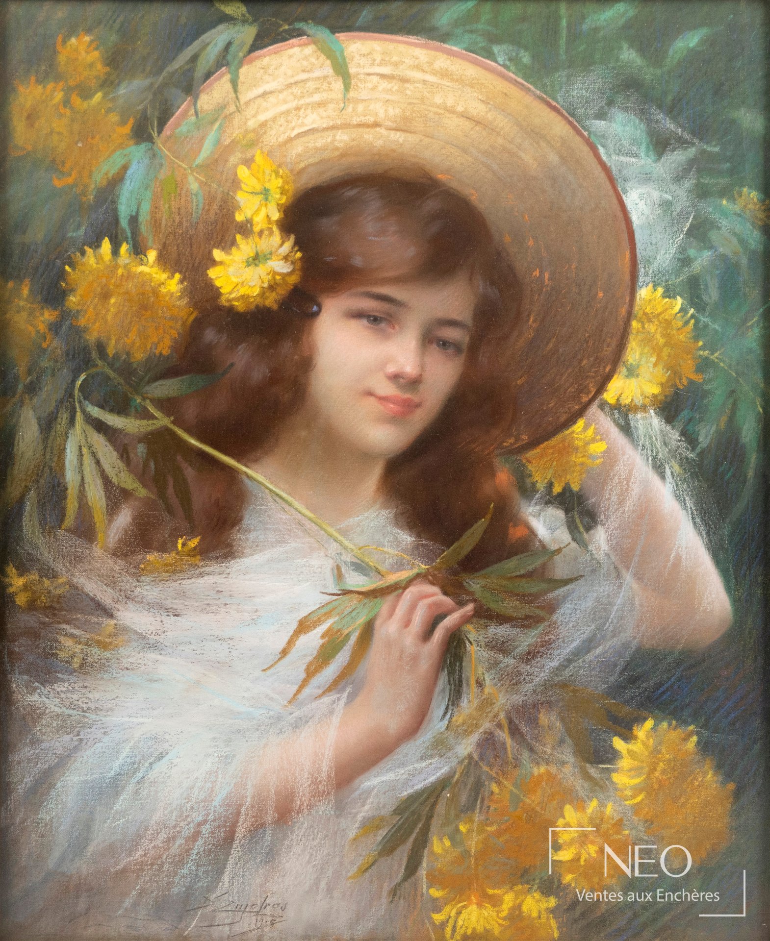 Delphin Enjolras Femme au chapeau de paille et aux chrysanthèmes jaunes, 1905