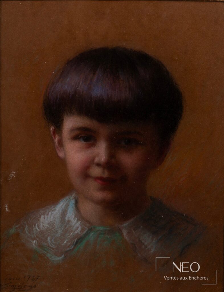Portrait au pastel d'un jeune garçon signé Delphin Enjolras