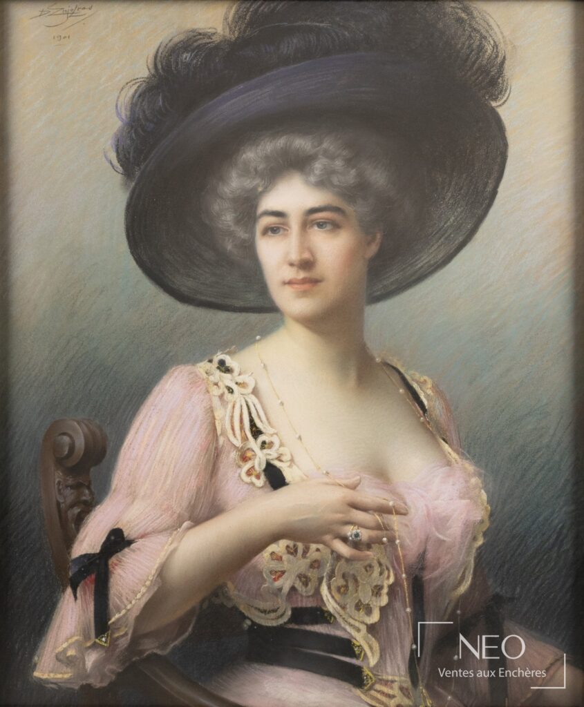 Portrait pastel d'une femme au large chapeau noir