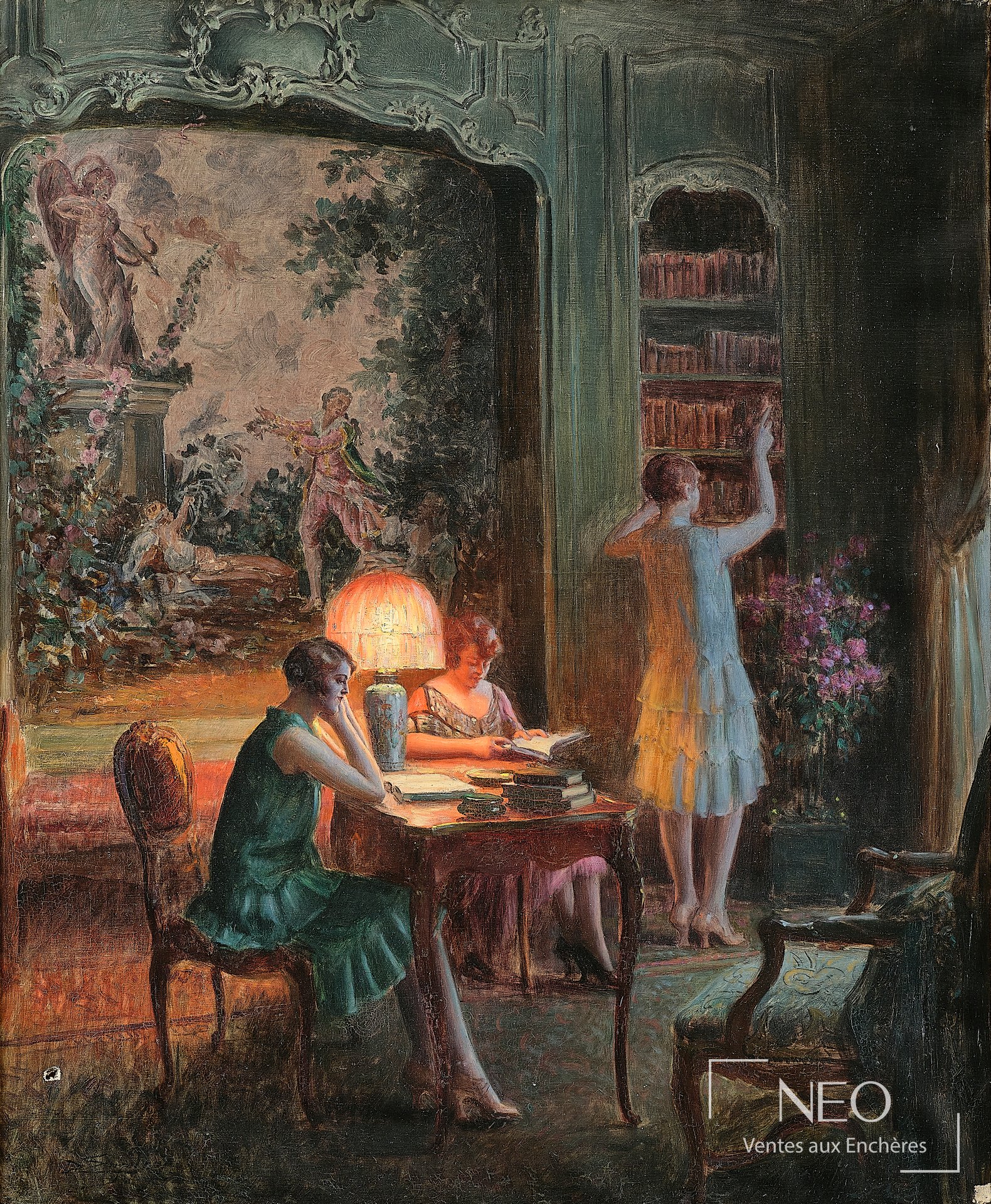 Huile sur toile représentant des femmes dans un salon de lecture