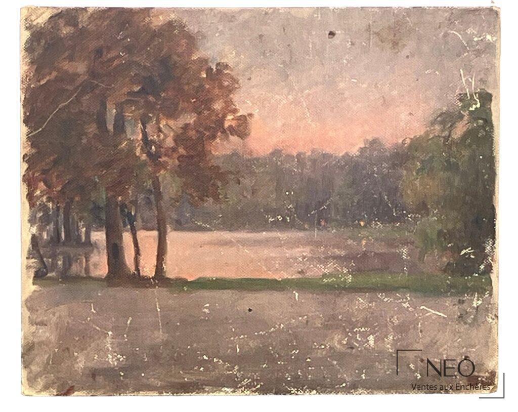 Vue peinte d’un lac au coucher du soleil sur carton