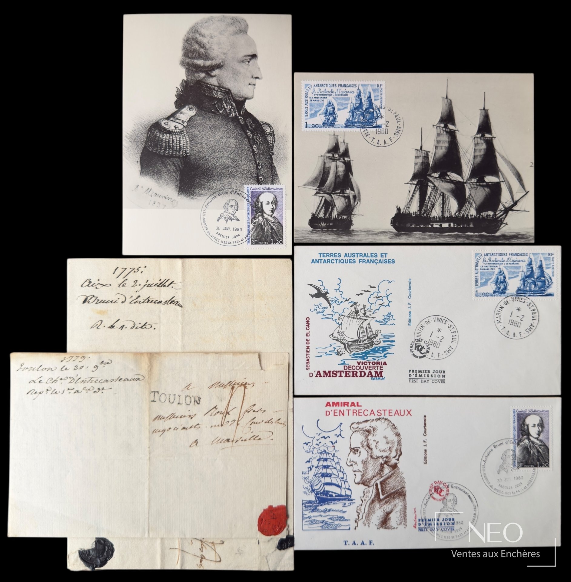 Deux lettres et plusieurs cartes illustrées liées à d'Entrecasteaux