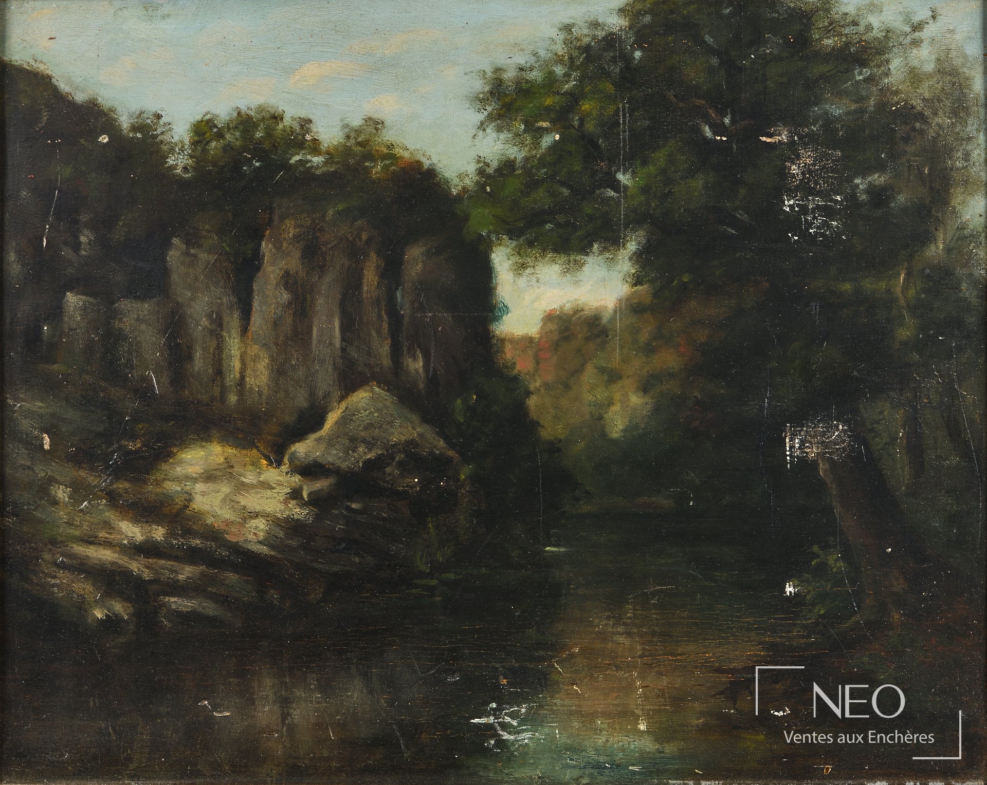 Paysage de lac peint à l'huile sur panneau de bois