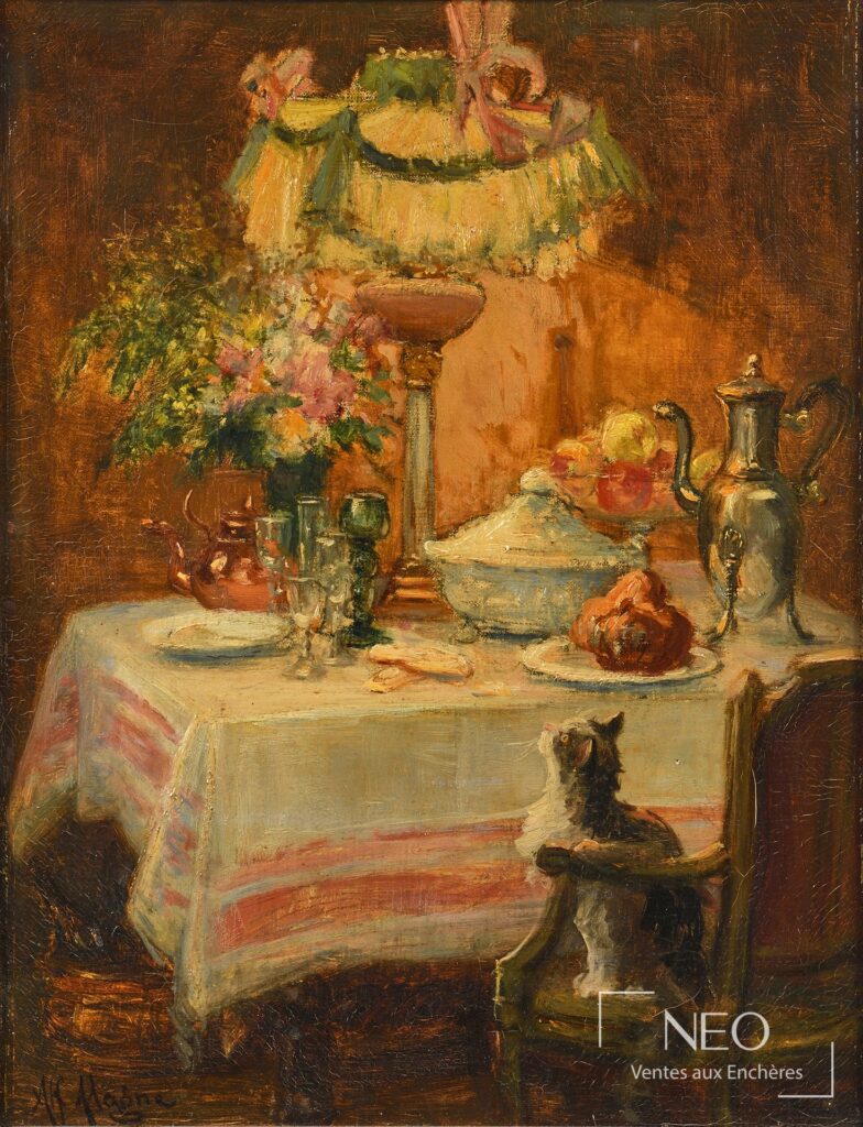 Huile sur toile représentant une table dressée avec lampe