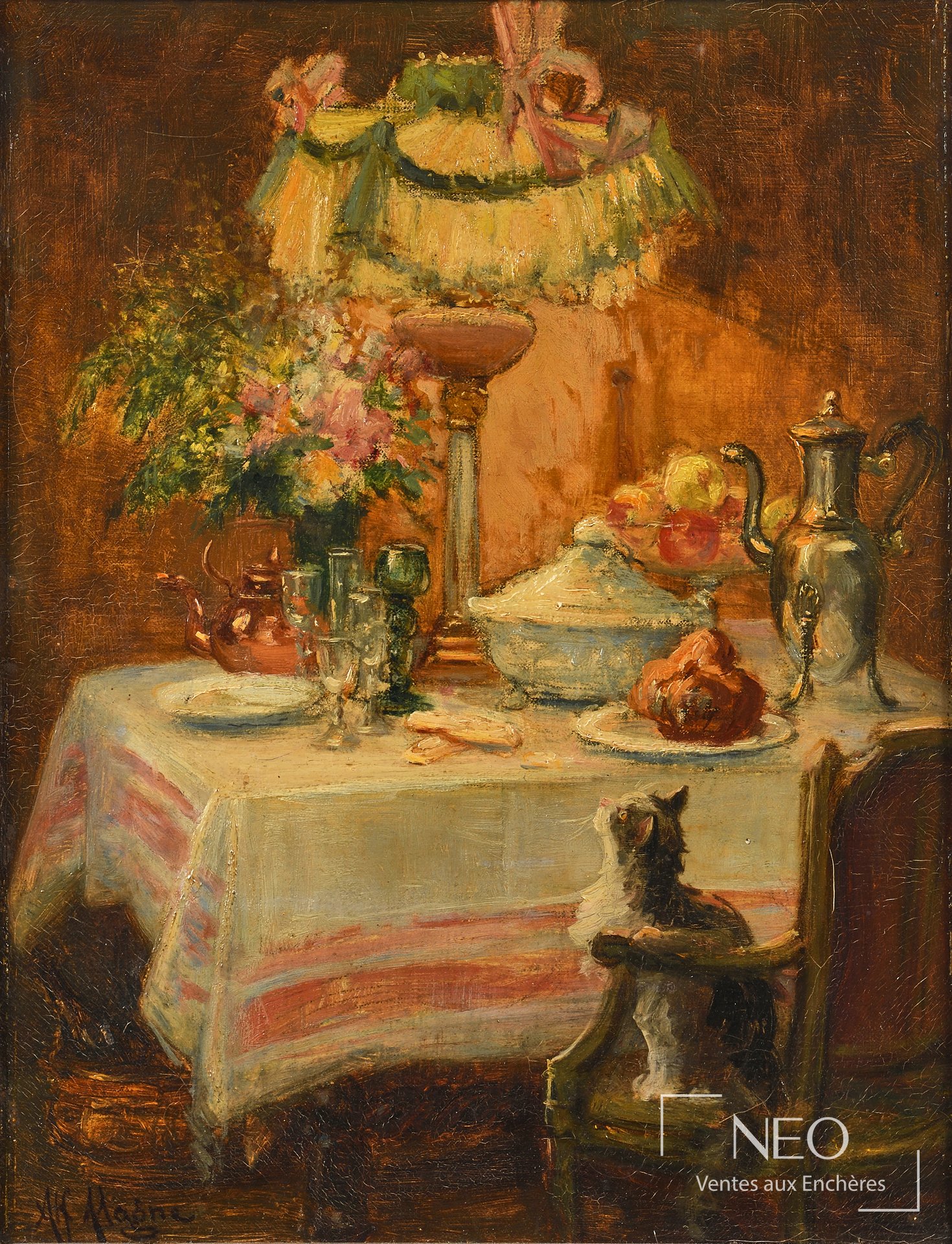 Huile sur toile représentant une table dressée avec lampe