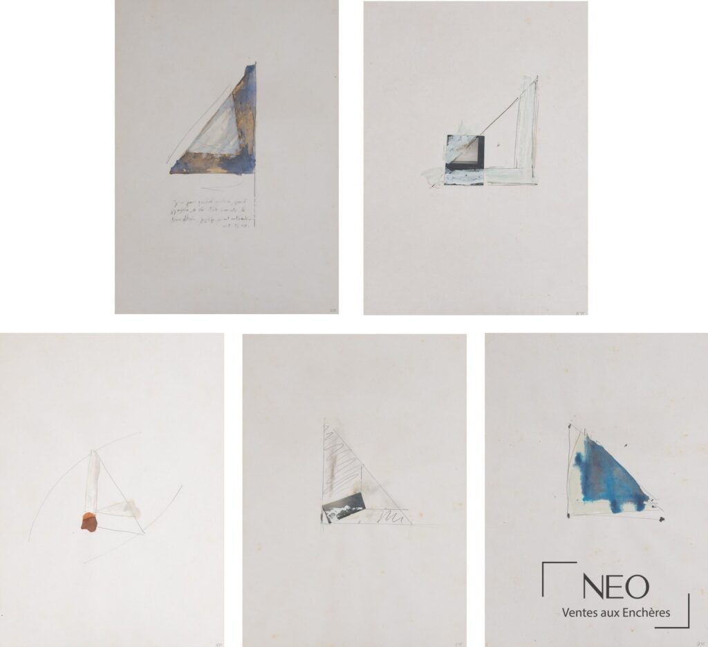 Dessin contemporain sur papier figurant un triangle bleu et ocre