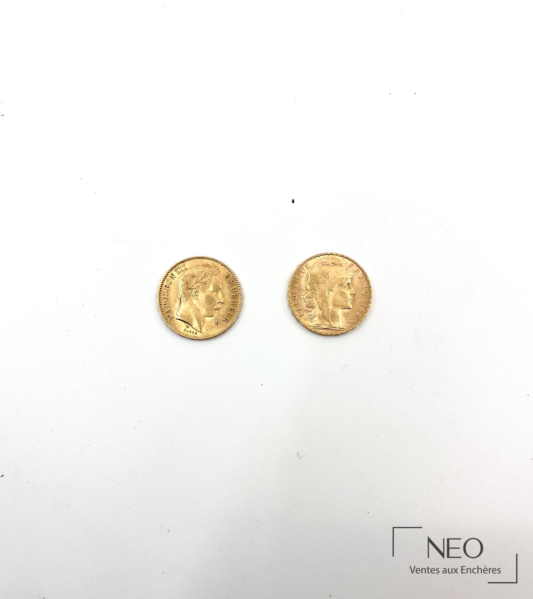 Deux pièces 20 francs or Napoléon III et Coq, 1866 et 1906