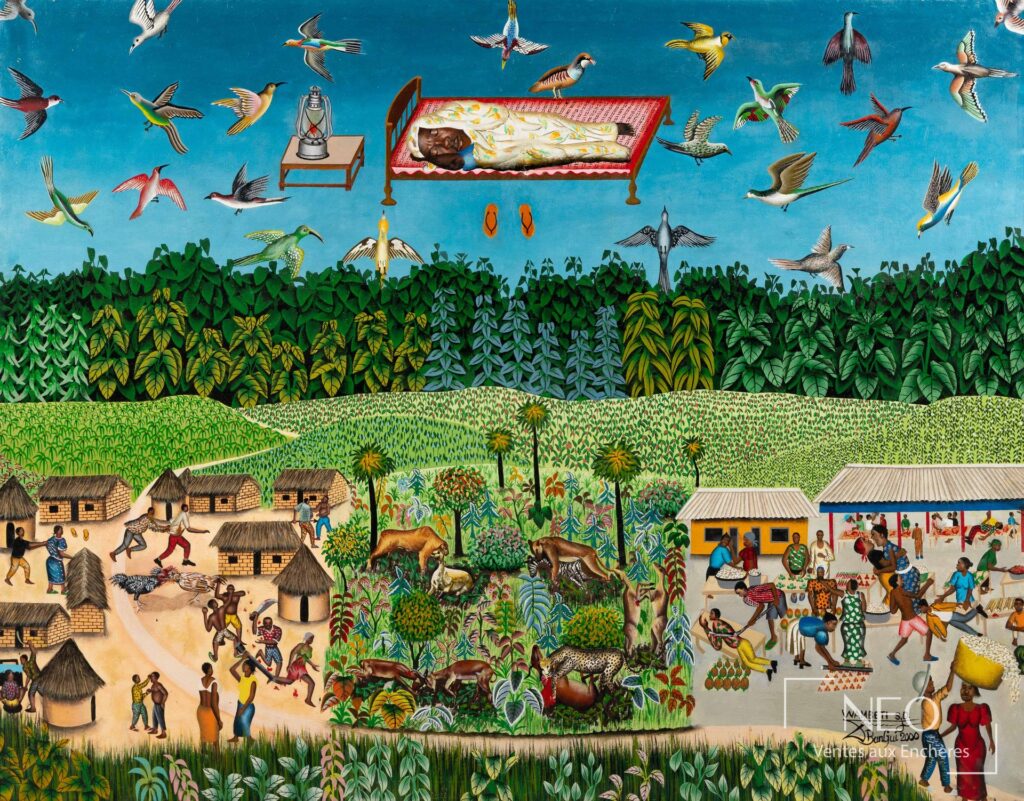 Huile sur toile de Dieudonne Sanna Wambeti représentant un village animé sous un ciel bleu avec oiseaux et paysages