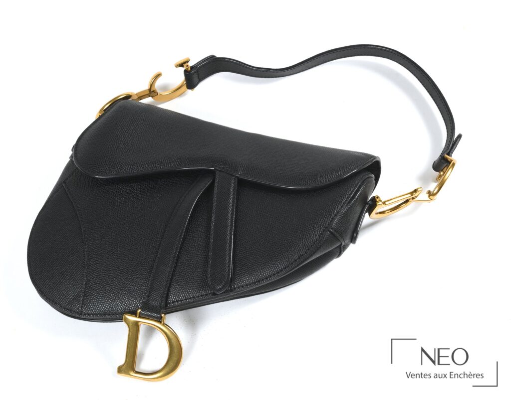 Sac Saddle Dior Paris noir avec rabat et fermoir D doré sur fond blanc