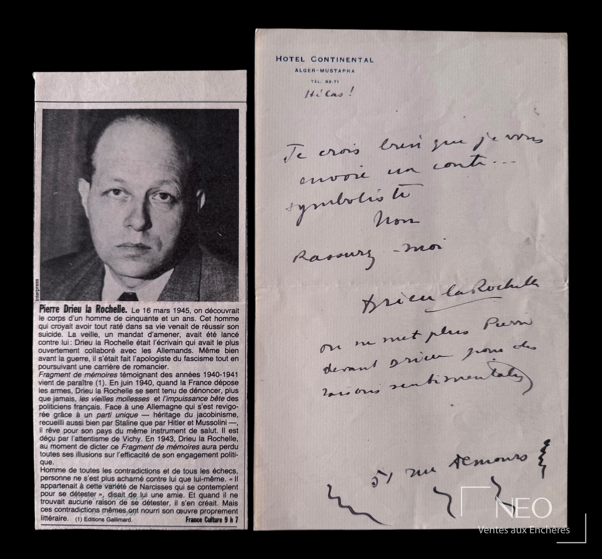 Lettre autographe signée de Pierre Drieu La Rochelle avec feuillet imprimé joint
