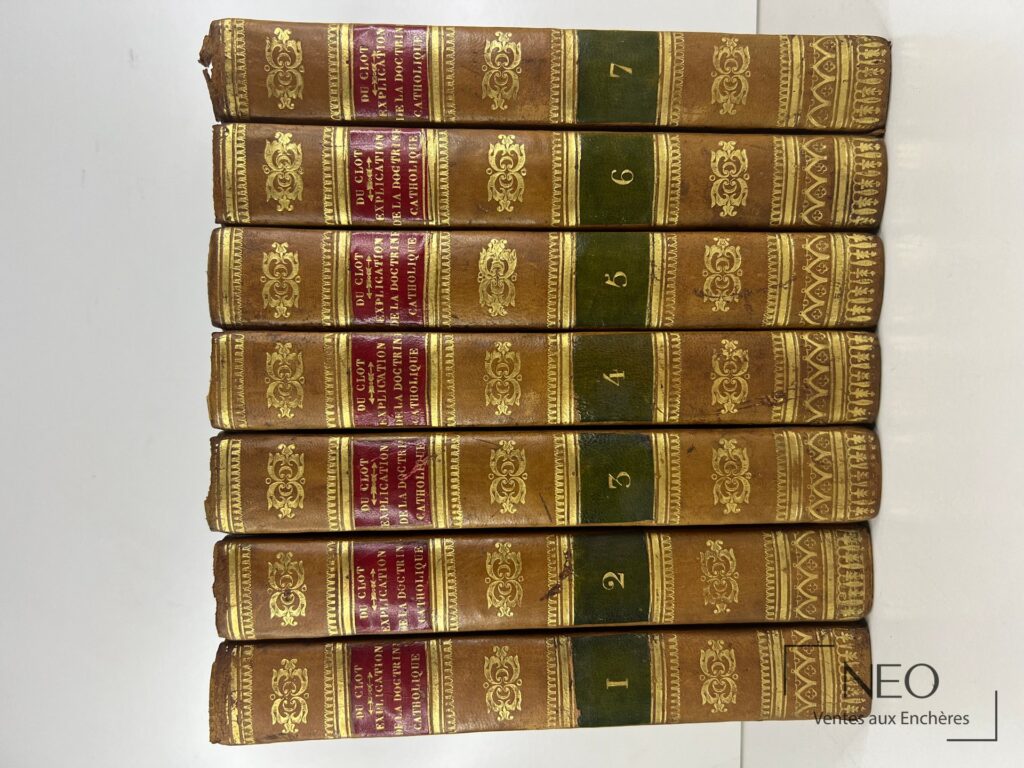Sept dos de volumes reliés en veau brun avec pièces de titre et tomaisons vertes et grenat