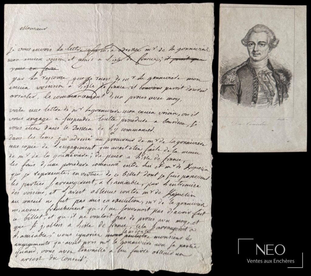 Lettre autographe signée de Du Couedic de Kergoulaer avec portrait gravé à droite