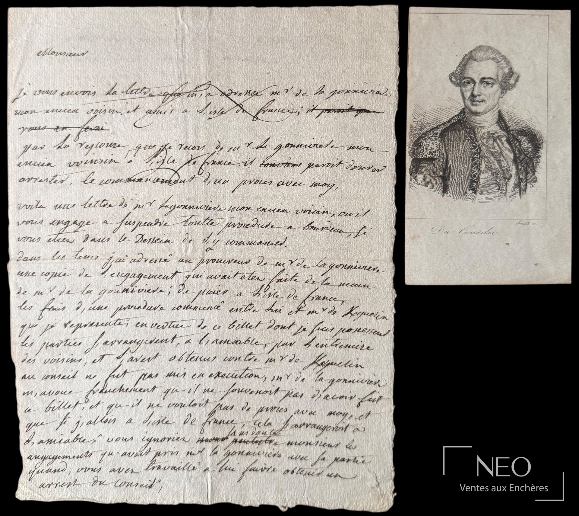 Lettre autographe signée de Du Couedic de Kergoulaer avec portrait gravé à droite