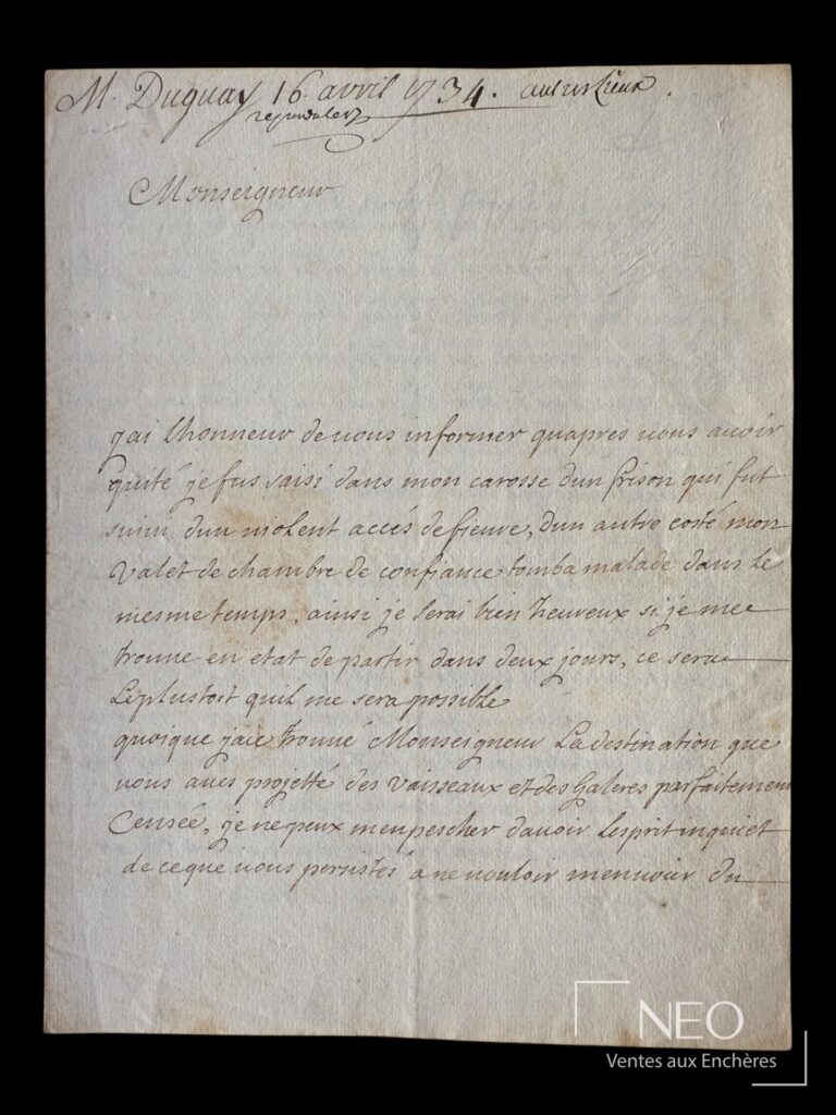 Lettre autographe signée de René Duguay-Trouin