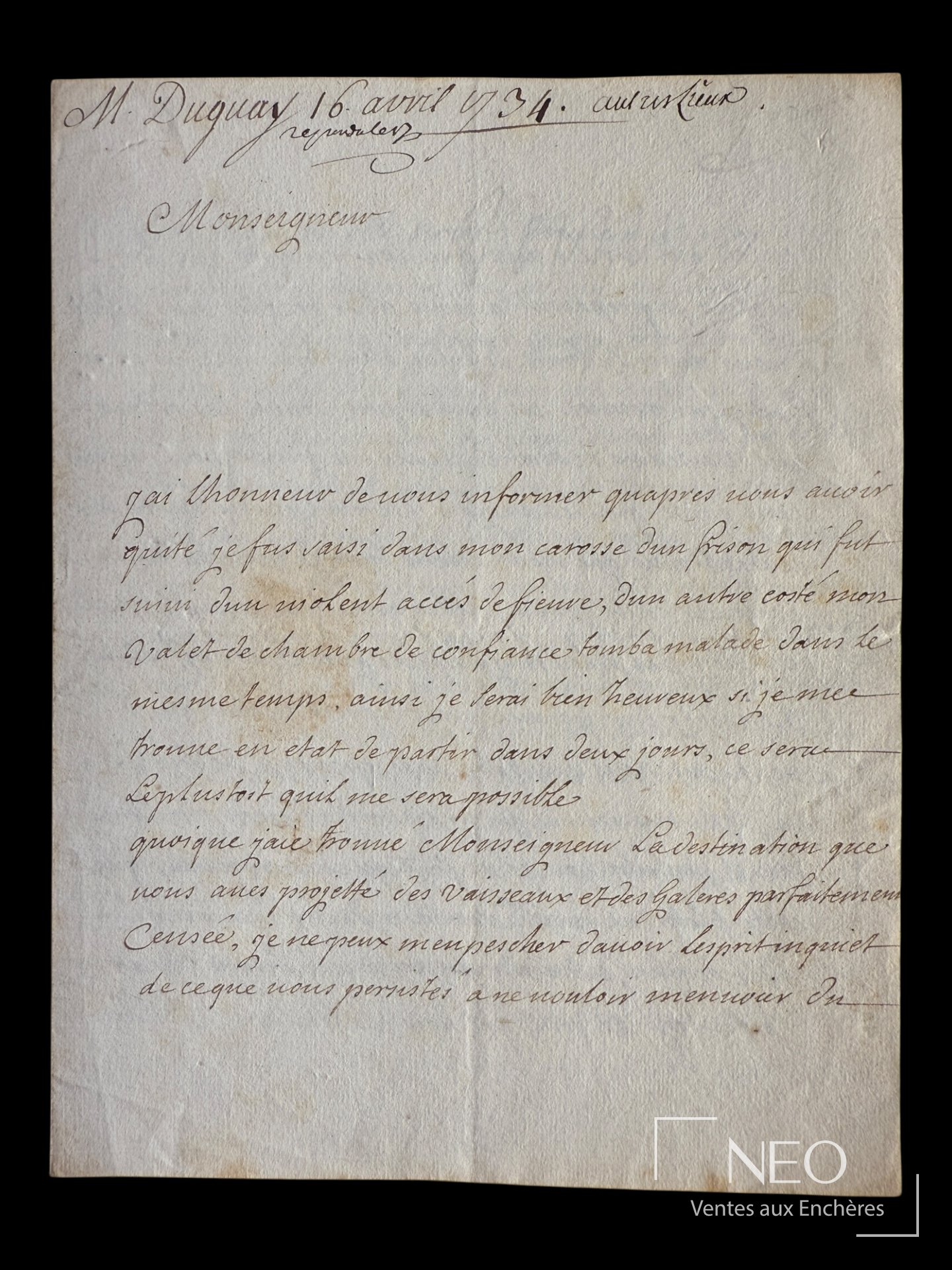 Lettre autographe de DUGUAY-TROUIN avec adresse et début du texte manuscrit