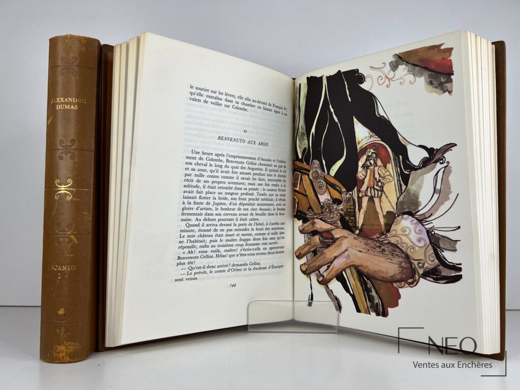 Livre ouvert montrant une page de texte et une illustration en couleur