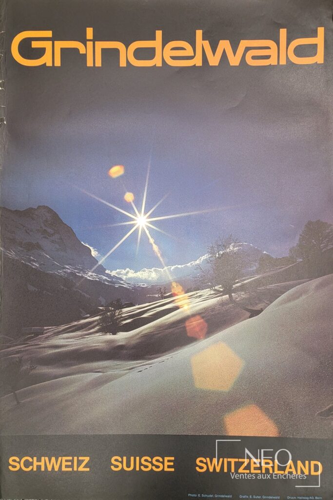 Affiche E. Schedel montrant un paysage enneigé avec le titre Grindelwald en haut