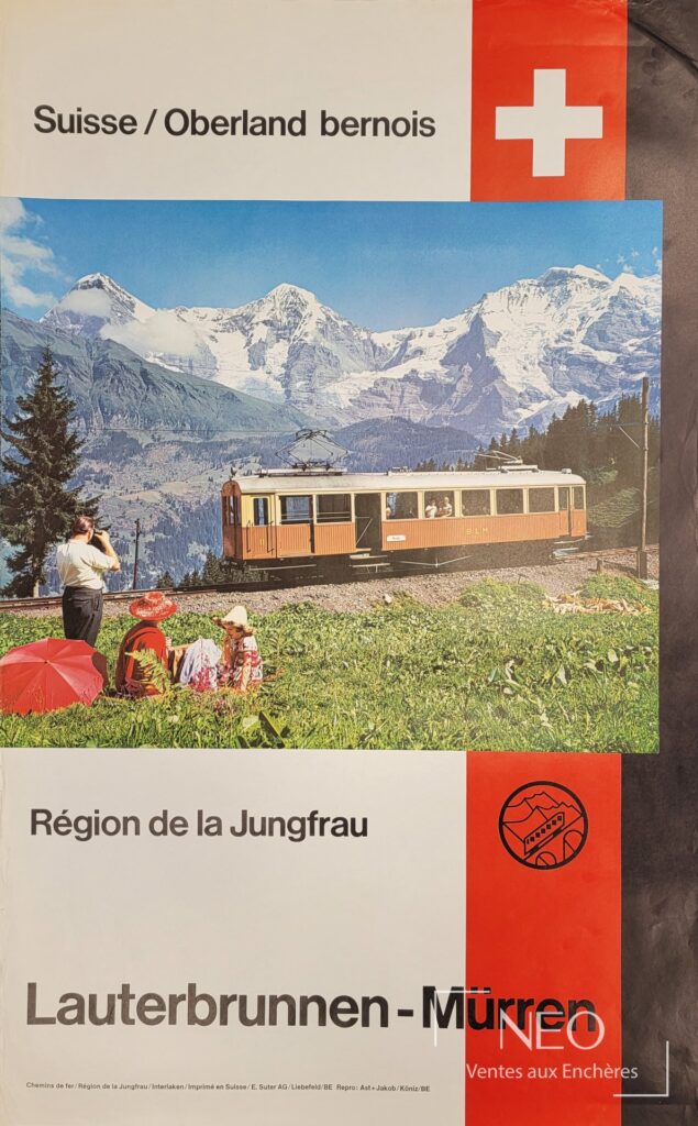 Affiche E. Suter d'après sur l'Oberland bernois avec train de montagne et sommet enneigé