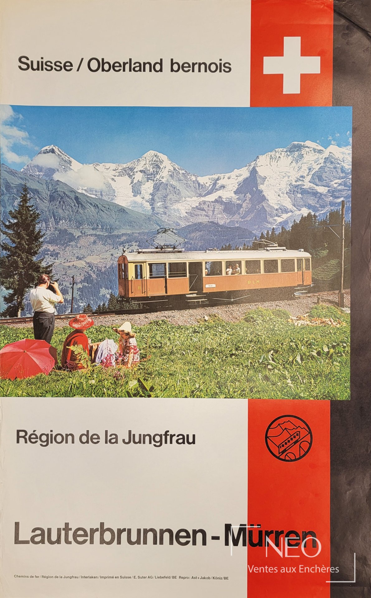 Affiche E. Suter d'après sur l'Oberland bernois avec train de montagne et sommet enneigé