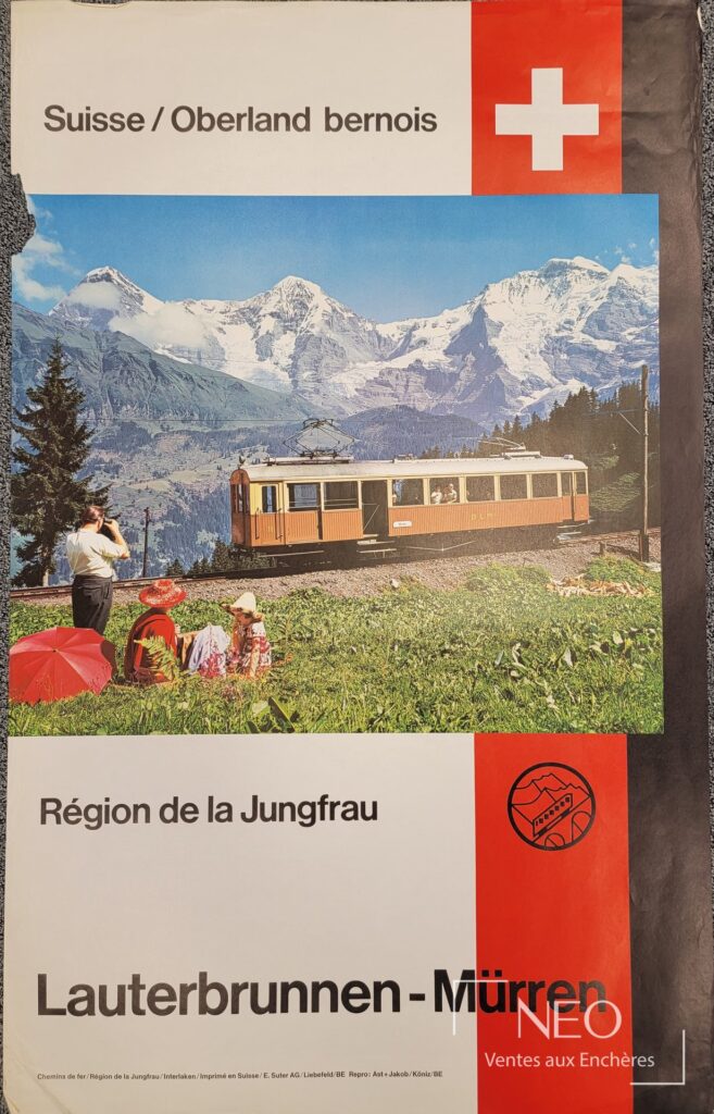 Affiche touristique de l'Oberland bernois avec paysage de montagne et train.