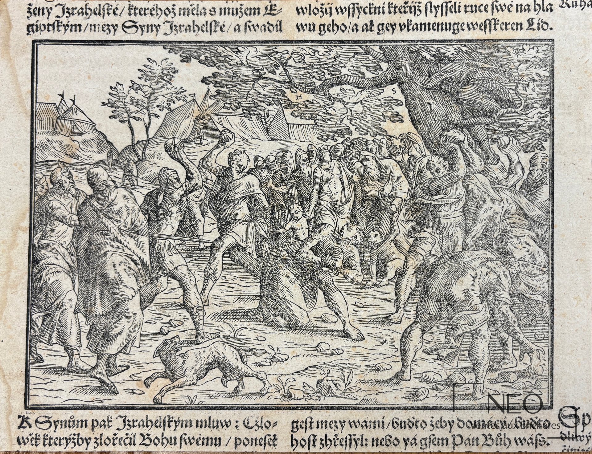Illustration imprimée montrant la Lapidation d’Etienne dans un cadre rectangulaire