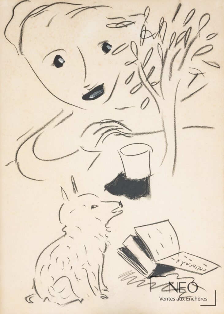 Dessin au pastel noir représentant un chien lisant sur papier ivoire