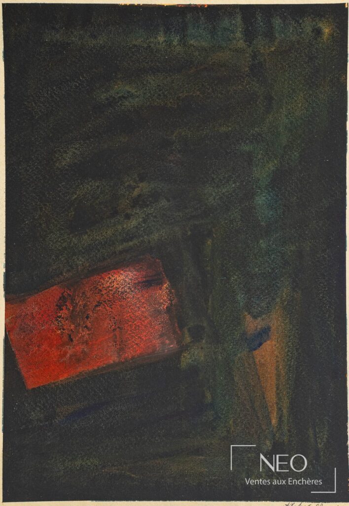 Composition abstraite sur papier avec rectangle rouge sur fond sombre