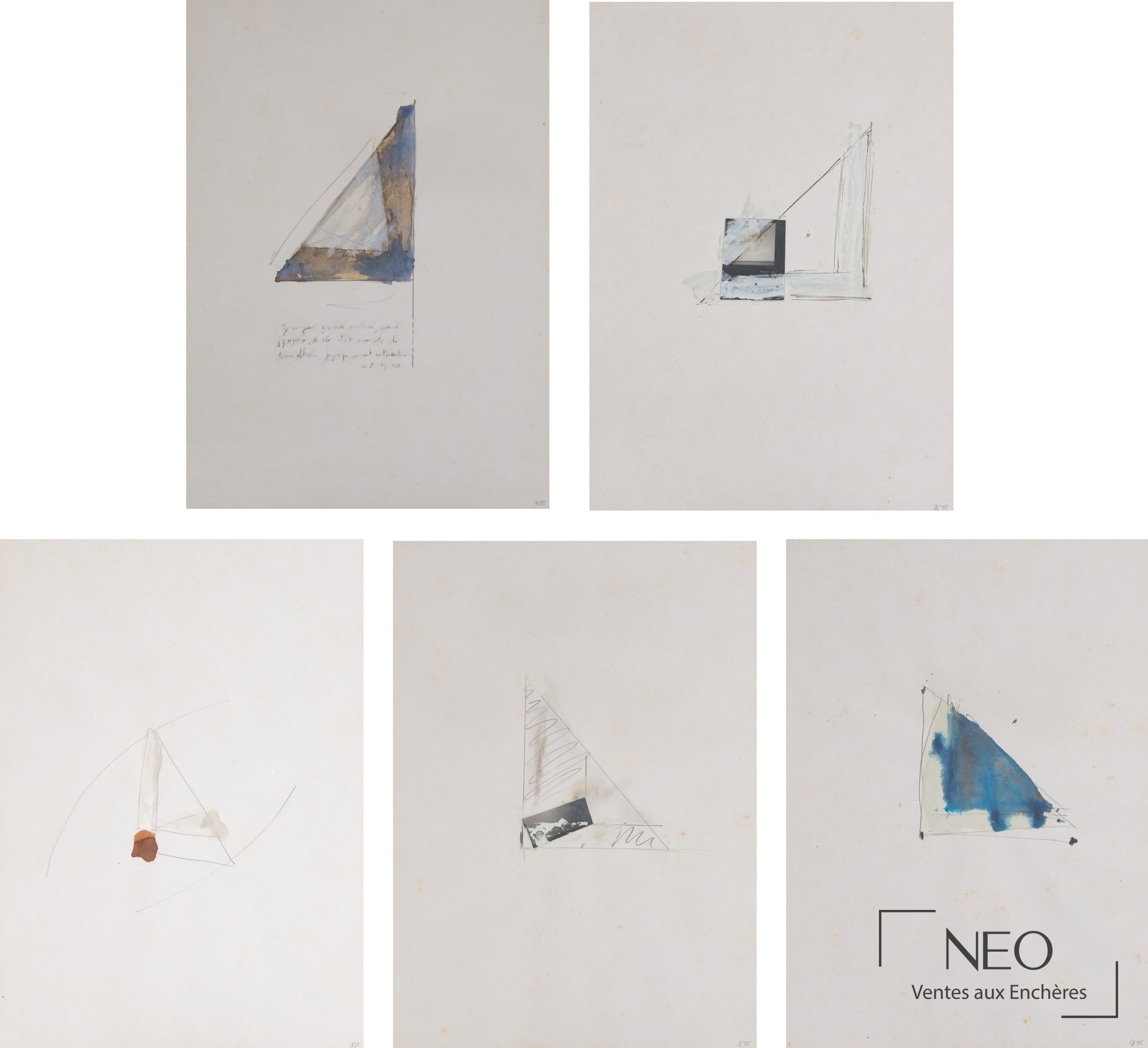 Suite de cinq dessins figurant triangles, école contemporaine du XXe-XXIe siècle