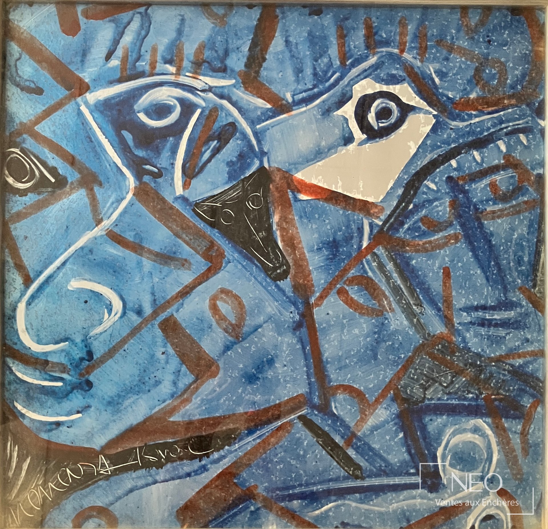 École contemporaine indienne, composition à têtes d’animaux, technique mixte