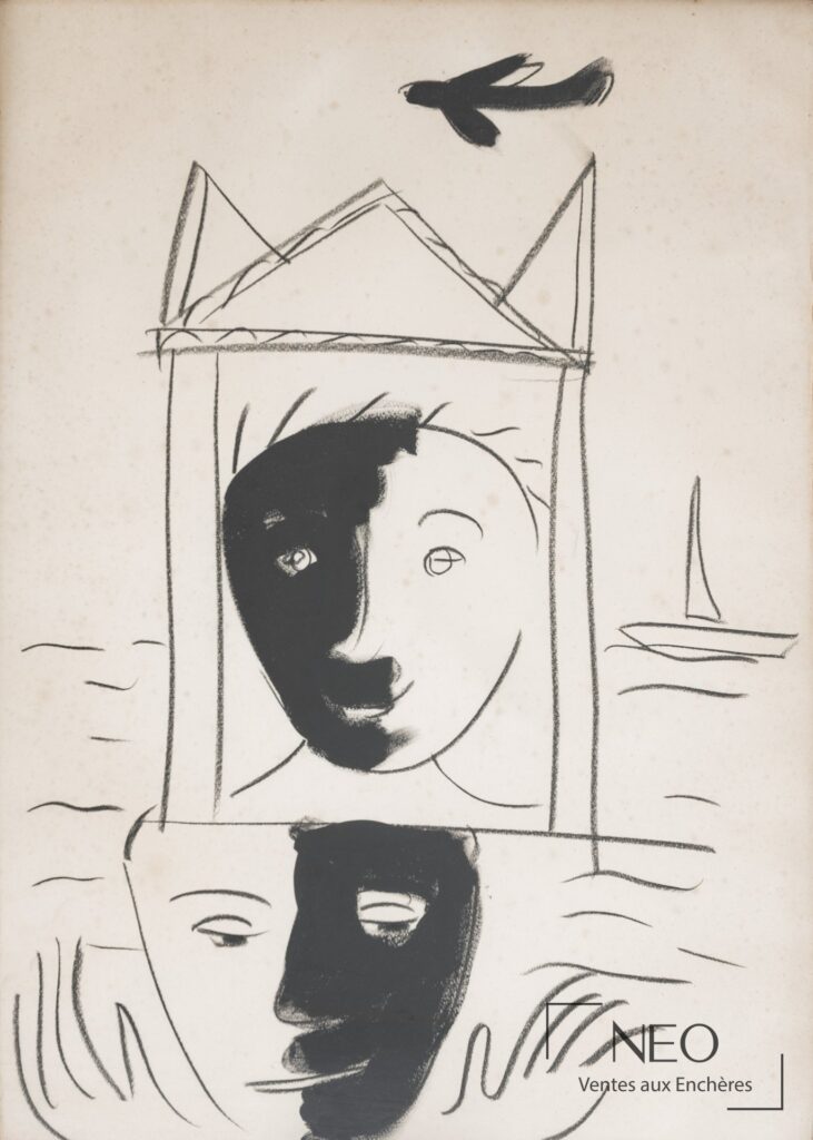 Dessin en noir et blanc représentant deux visages superposés sur papier