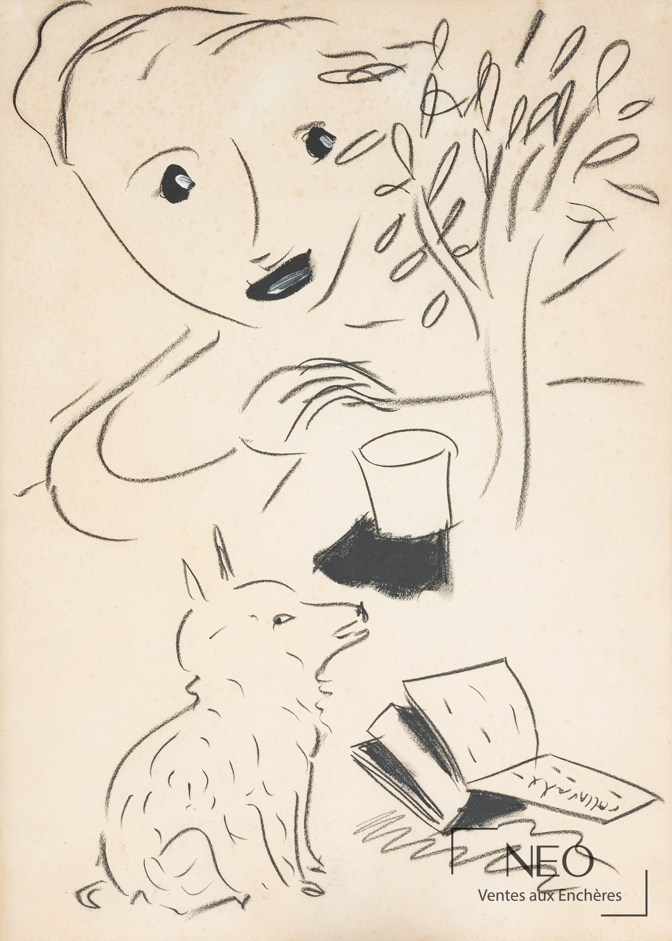 Le chien lisant, pastel noir sur papier, école contemporaine du XXe-XXIe siècle