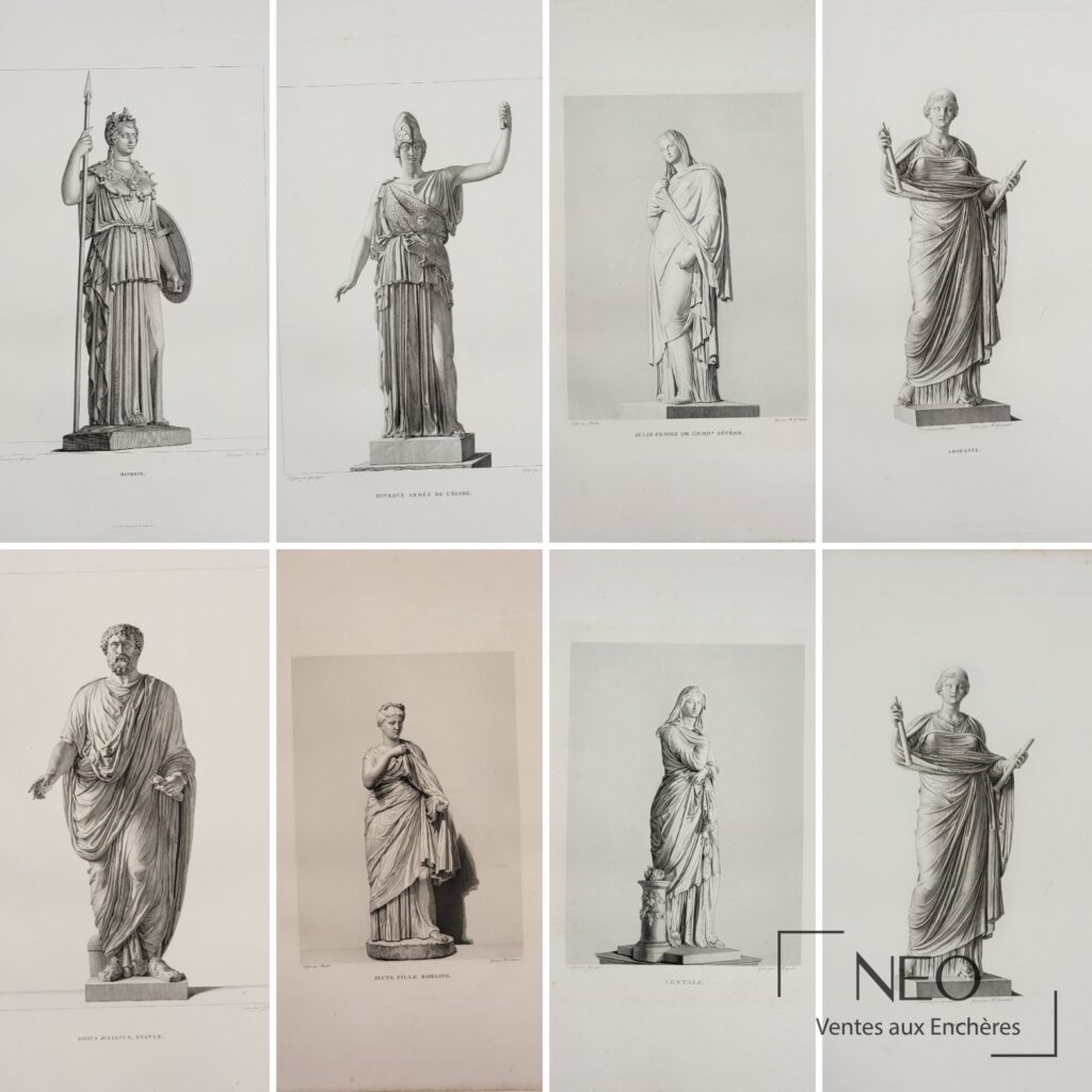 Ensemble de planches gravées représentant des statues antiques sur feuilles de papier