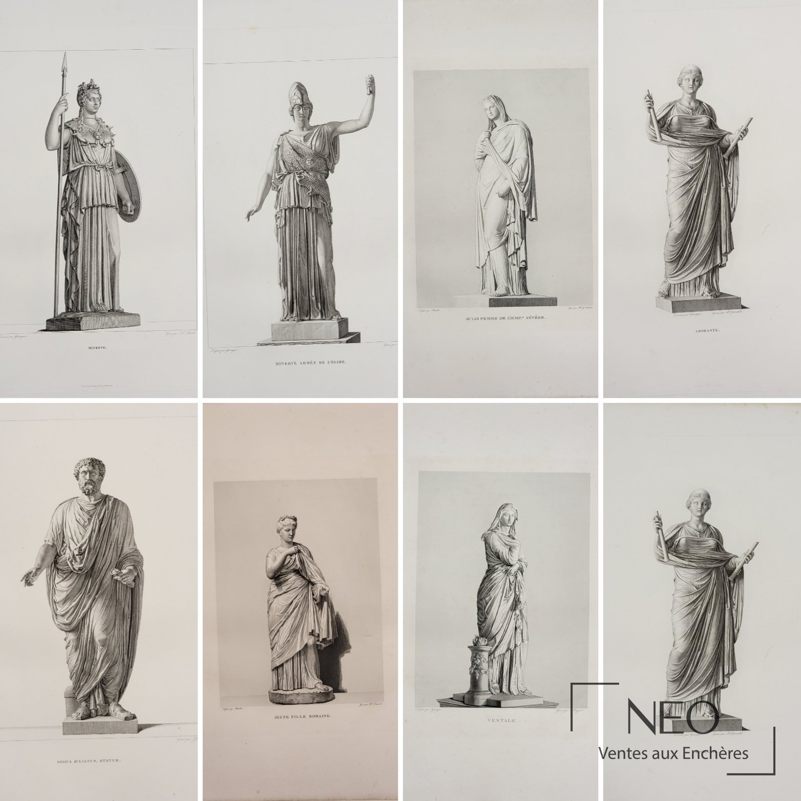 Ensemble de planches gravées représentant des statues antiques sur feuilles de papier