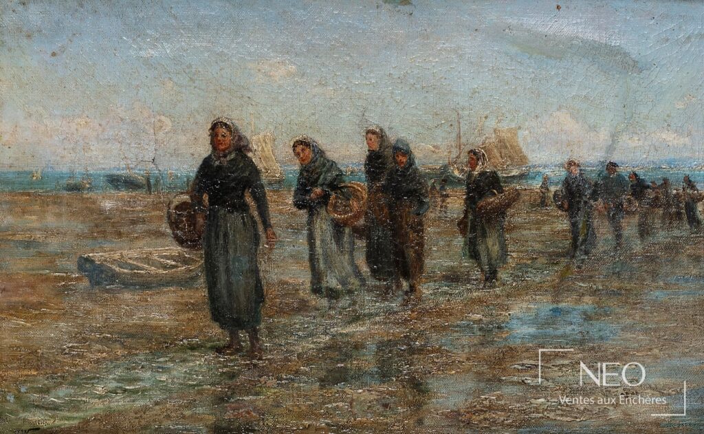 Scène de femmes revenant de la pêche peinte à l'huile sur toile