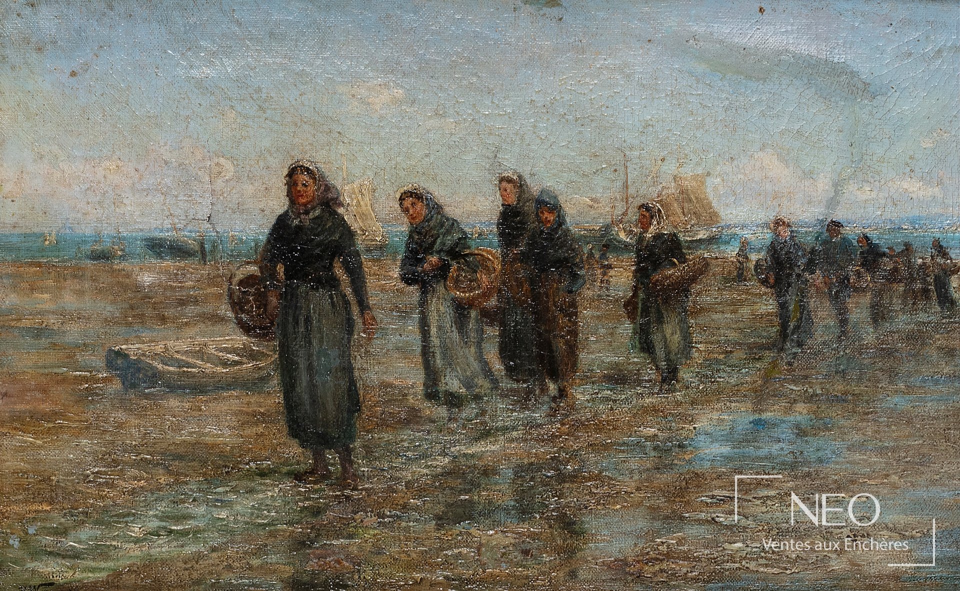 École du XIXe siècle, Femmes revenant de la pêche, huile sur toile signée P. Wagner