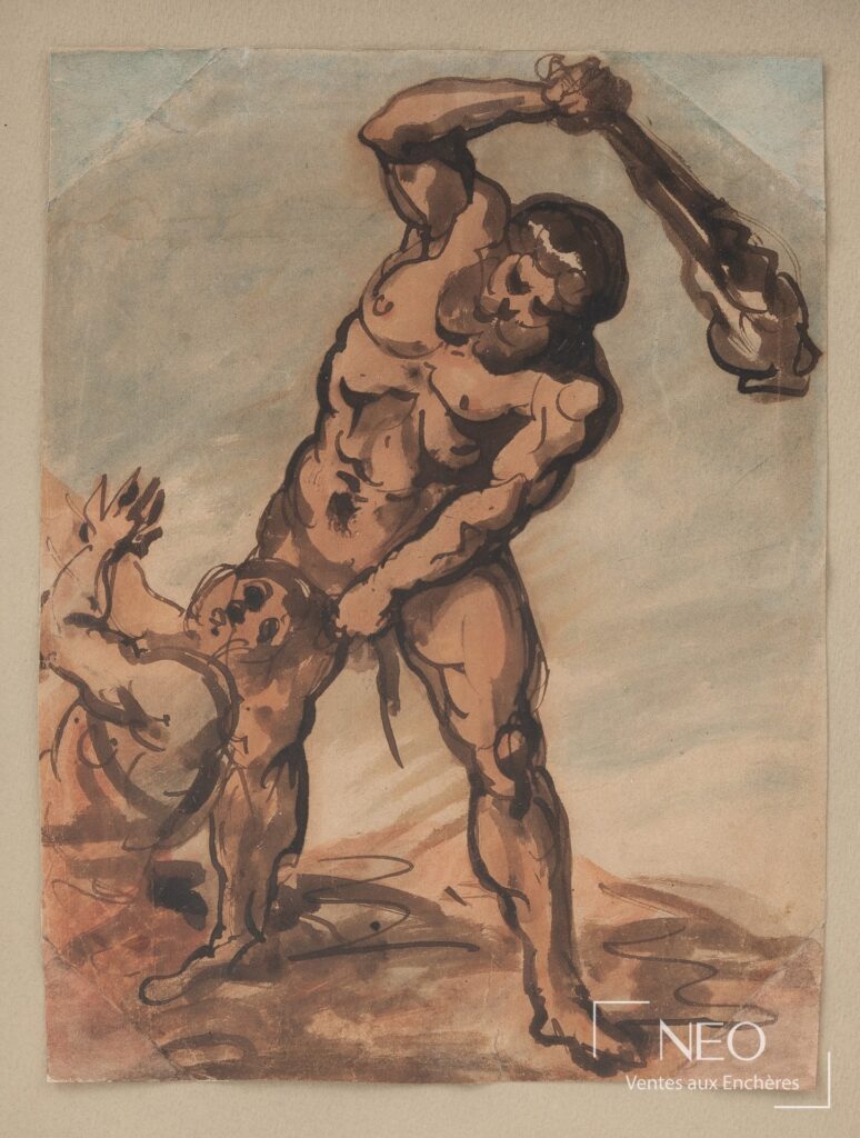 Aquarelle représentant une figure nue dans une scène dramatique