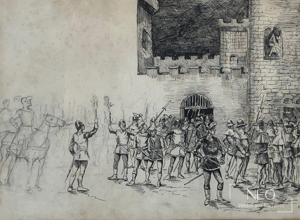 Étude de soldats et chevaliers devant un château fort