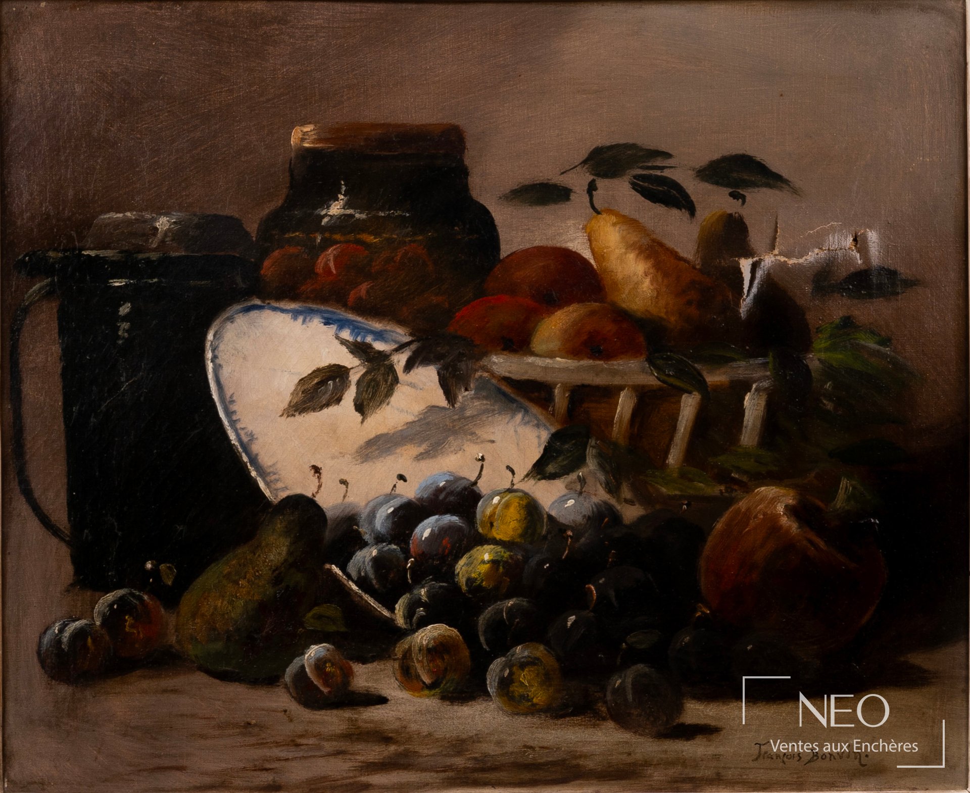 École du XIXe siècle, nature morte à la corbeille de fruits