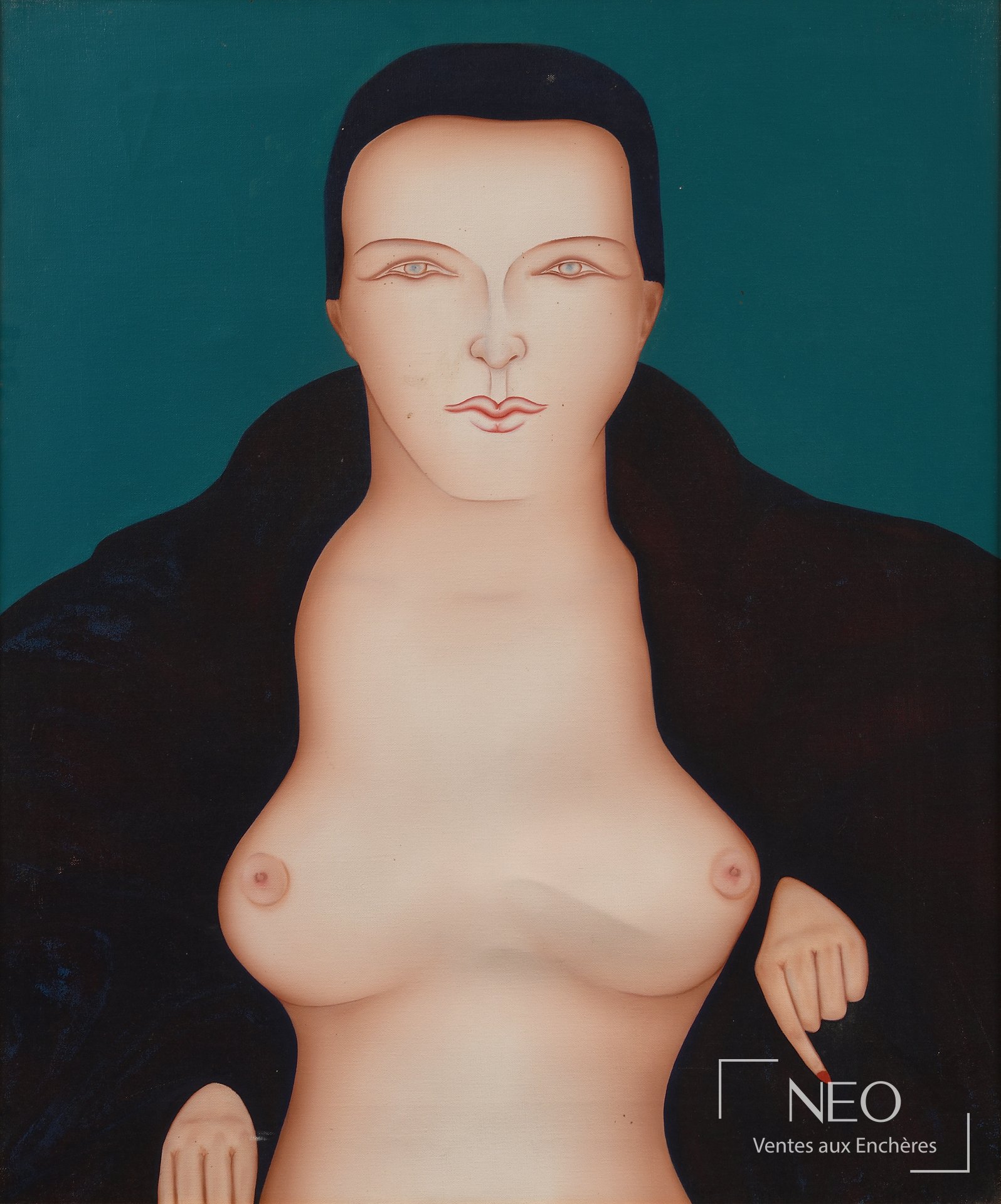 Portrait de femme peint à l'acrylique sur fond bleu-vert