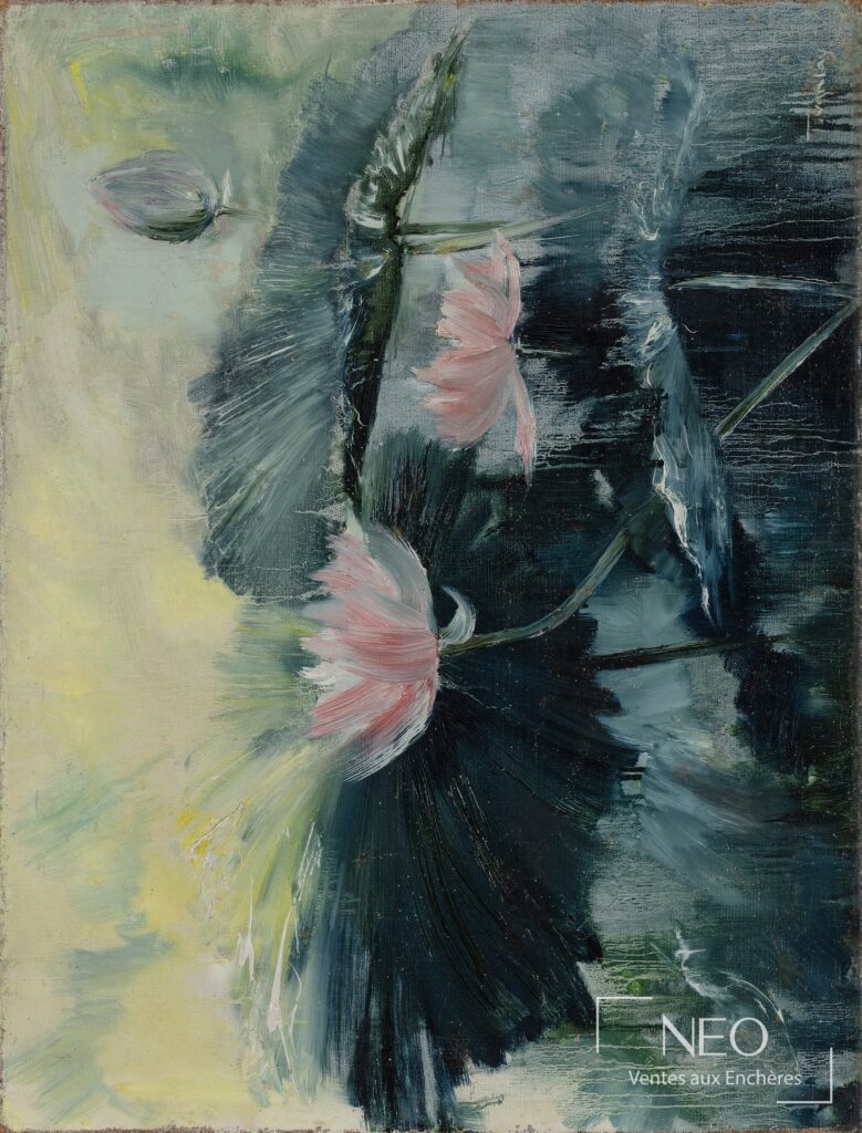 Huile sur toile représentant des fleurs de nénuphar dans des tons verts