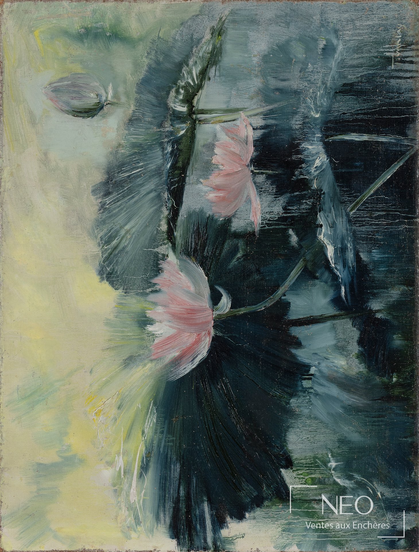 Huile sur toile représentant des fleurs de nénuphar dans des tons verts