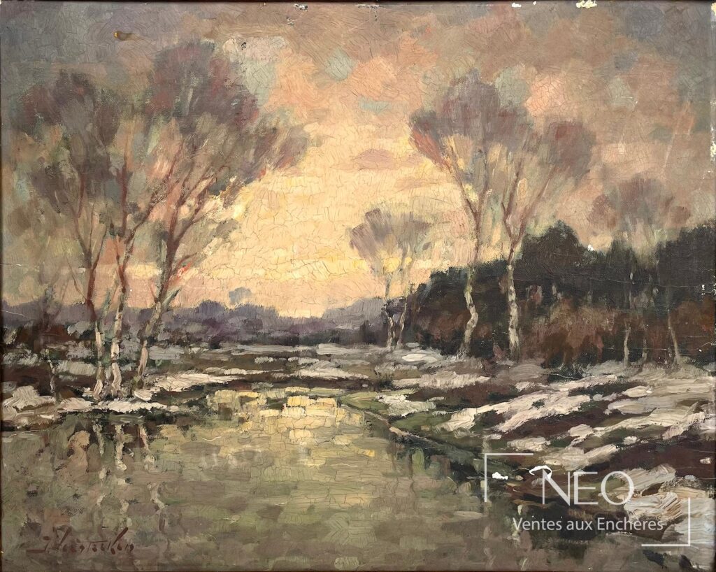 Vue d’un paysage lacustre peint à l’huile sur carton