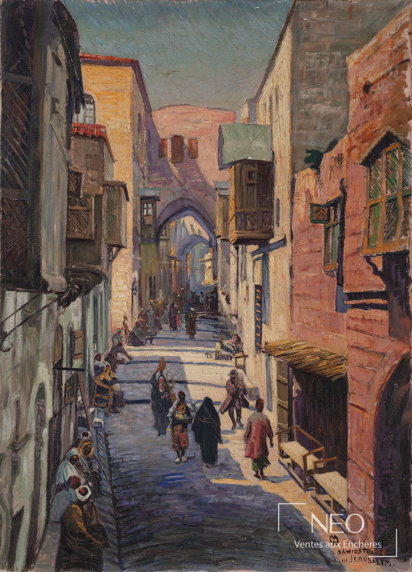 Vue d’ensemble d’une huile sur toile représentant une rue de Jérusalem