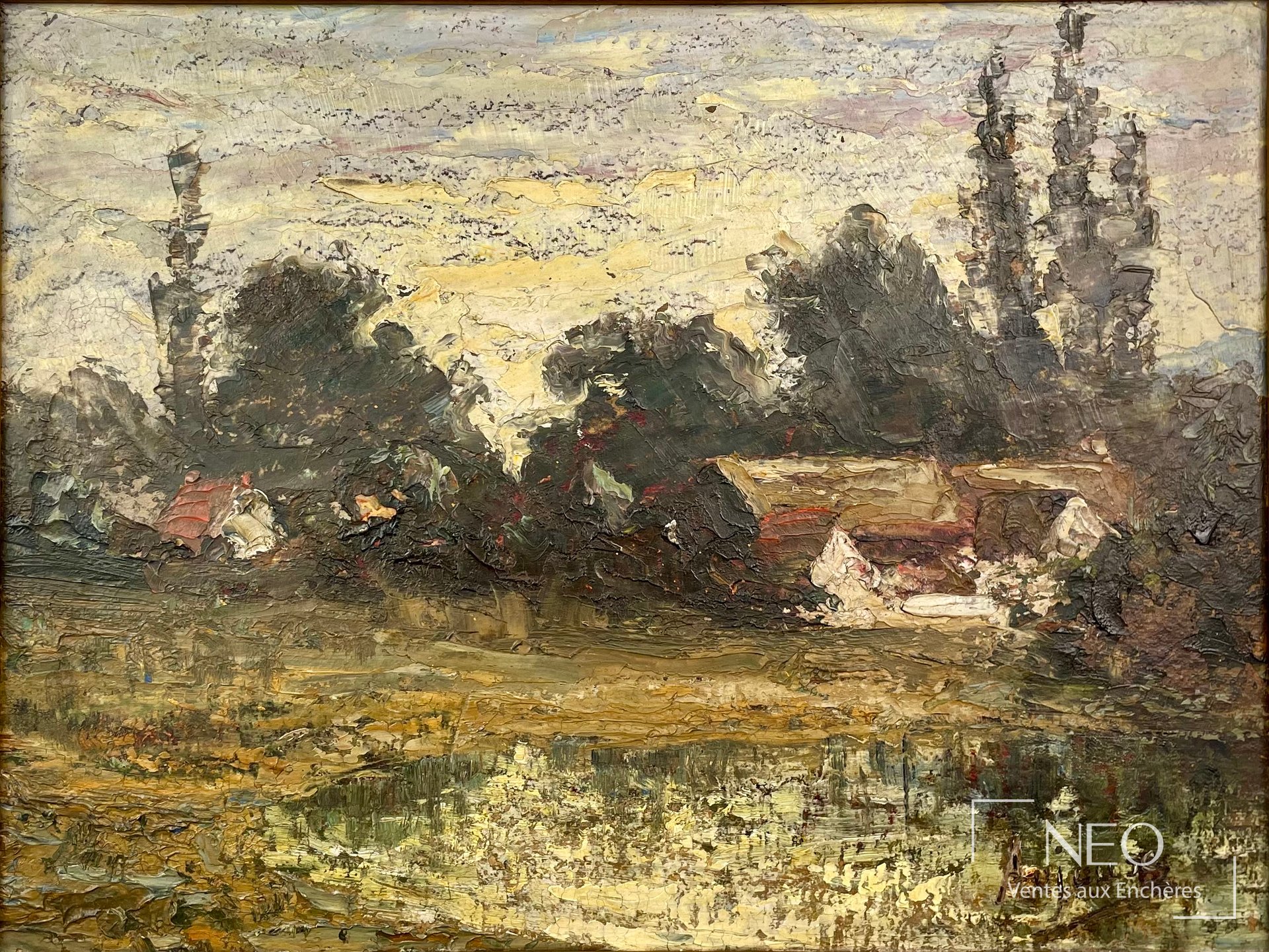 École du XXe siècle Bord de lac, huile sur panneau encadrée