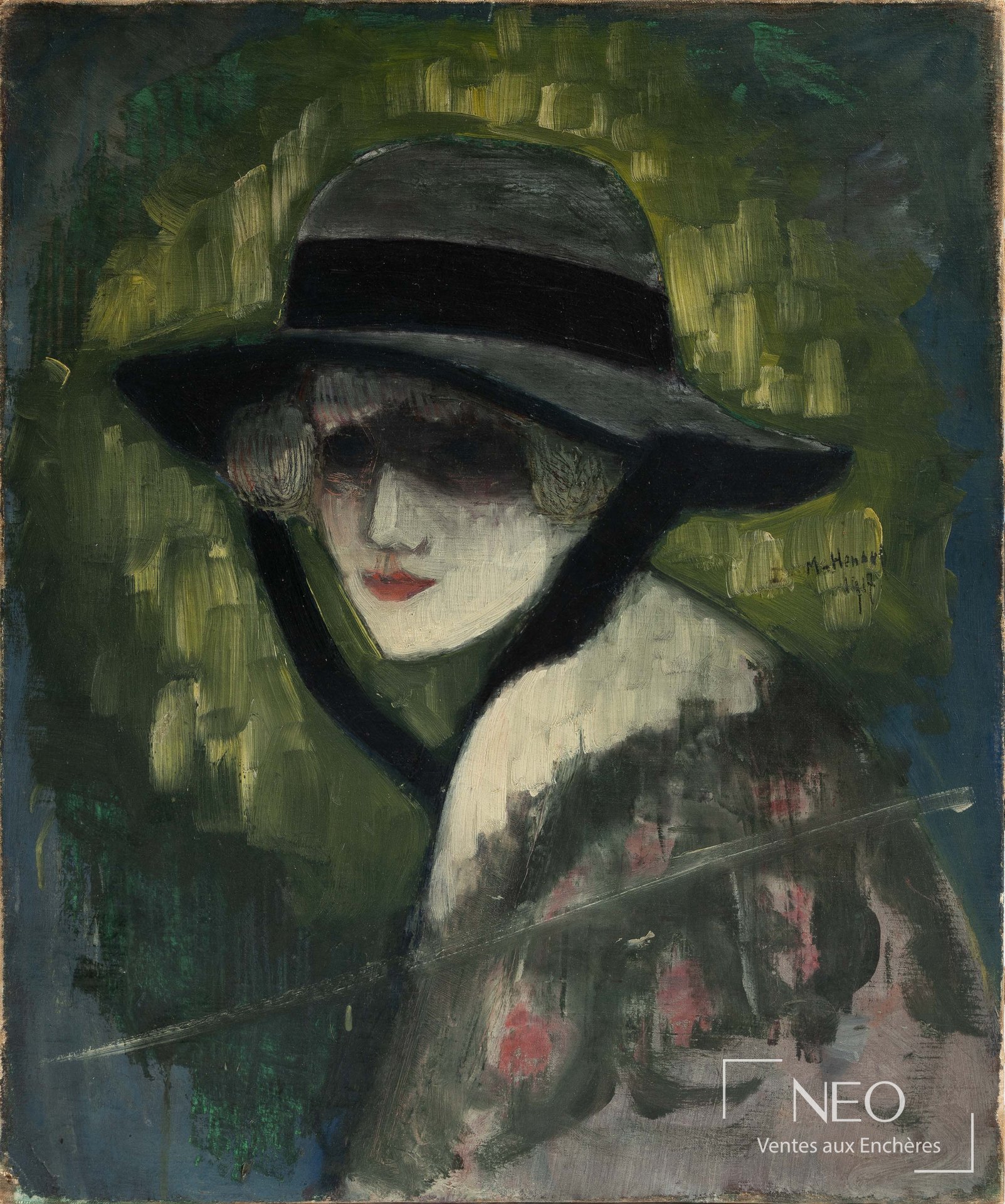 Femme au chapeau peinte à l'huile sur toile