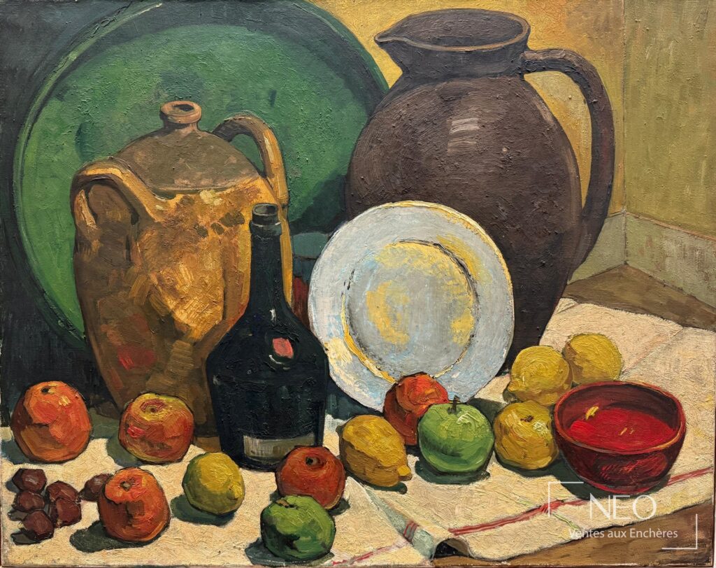 Nature morte aux fruits et bouteille de vin