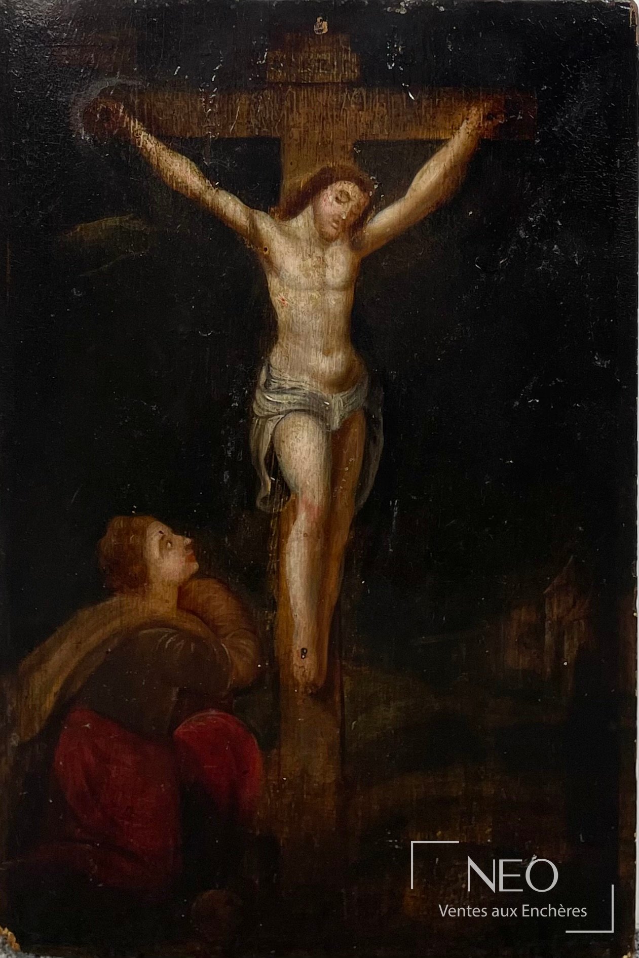 Crucifixion peinte à l’huile sur panneau de bois
