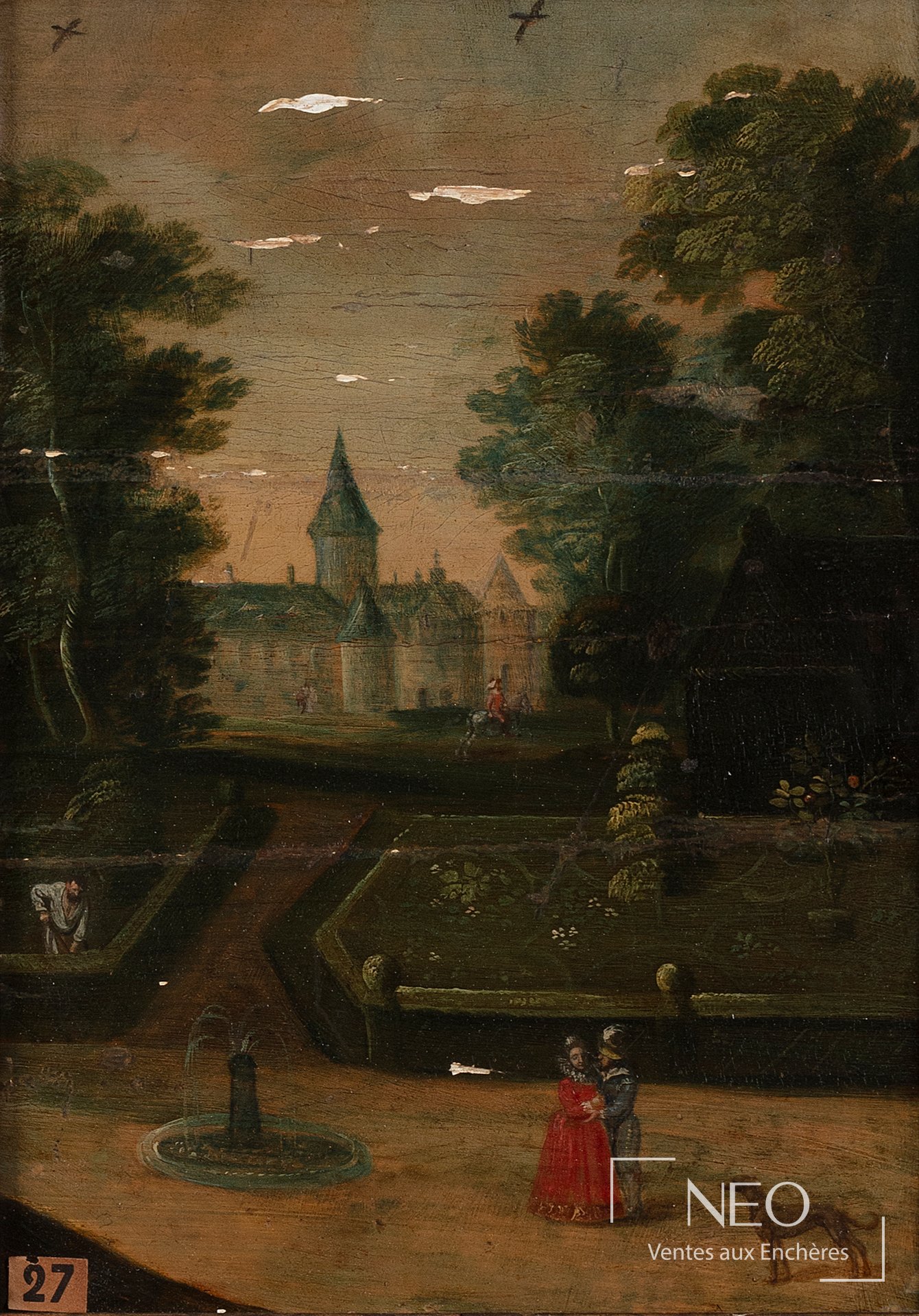 Petit tableau d'École flamande représentant une promenade dans un jardin