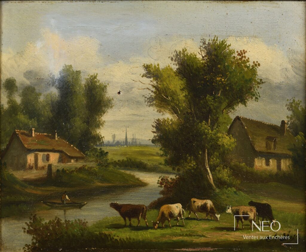 Paysage peint avec bovins